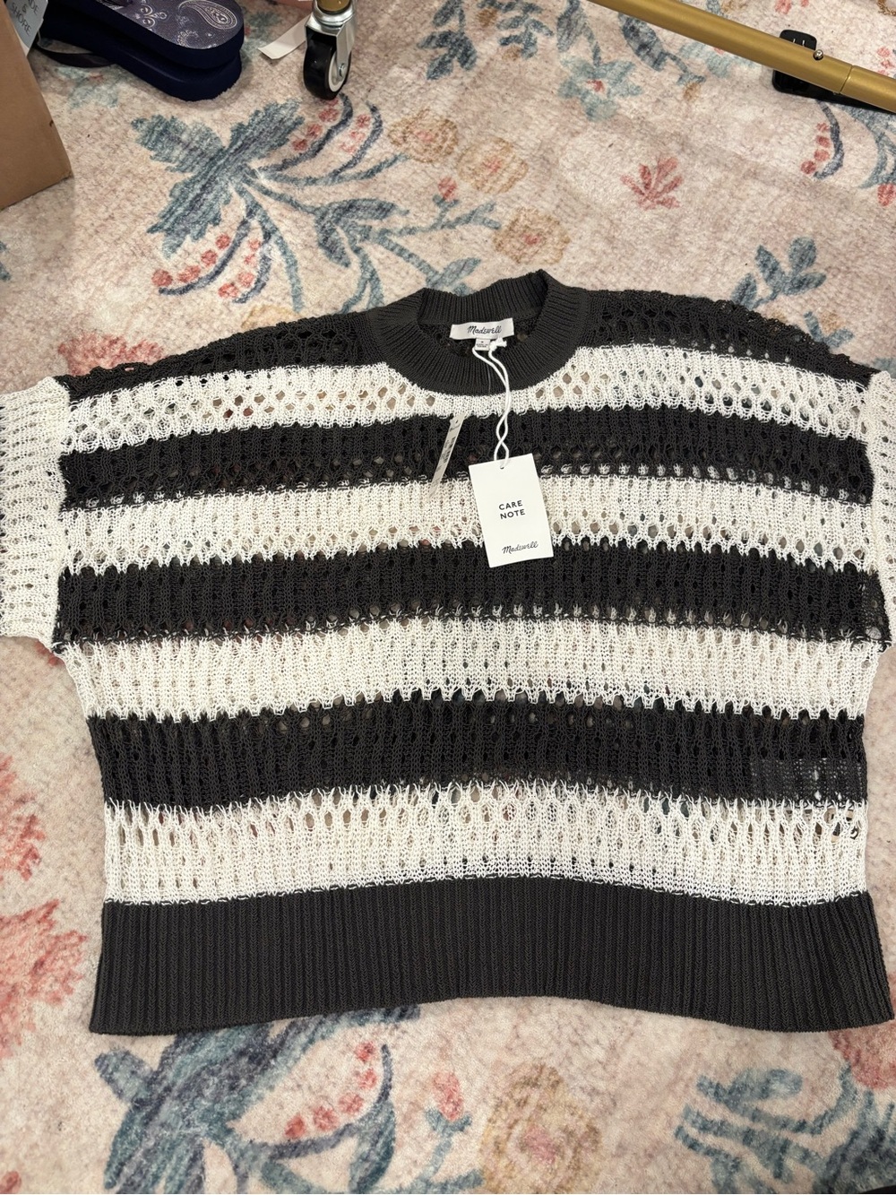 Madewell Black & White Open-Knit Striped Crew Sweater